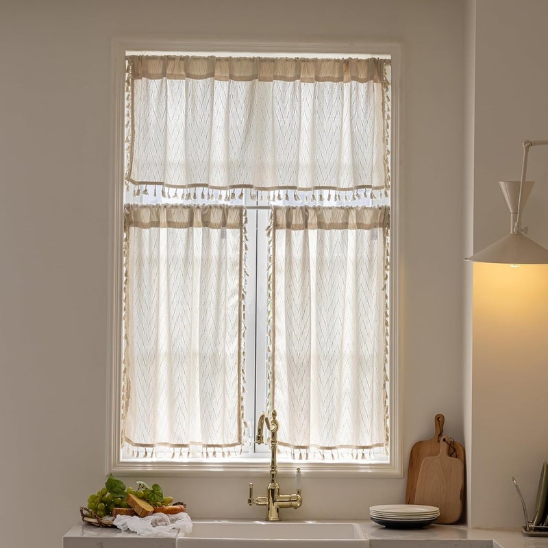 VOILYBIRD Beige Boho Sheer Valance 16 Inch Length Tassel Fringe Zigzag Design Modern Chic Kitchen Curtains 1 Panel 54”W x 16”L - Image 2